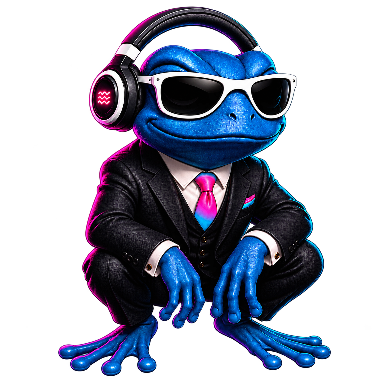 Coqui Wave's blue coquí mascot wearing headphones, sunglasses, and a suit